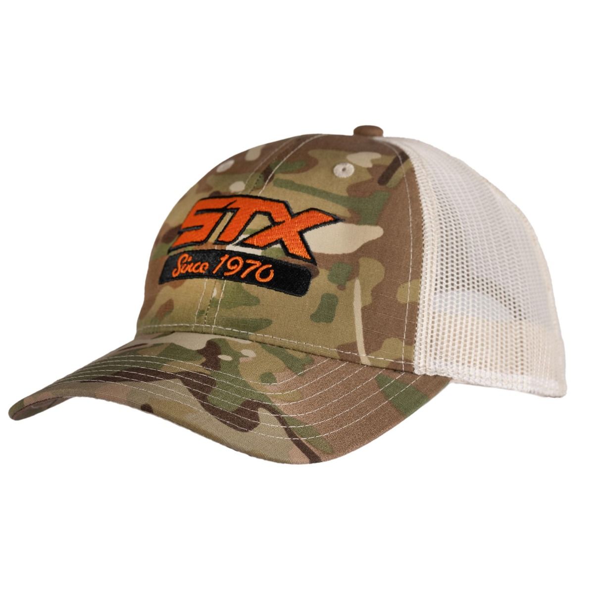 STX Camo Trucker Hat with Orange Logo