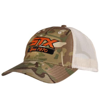 stx camo hat with orange logo side angle