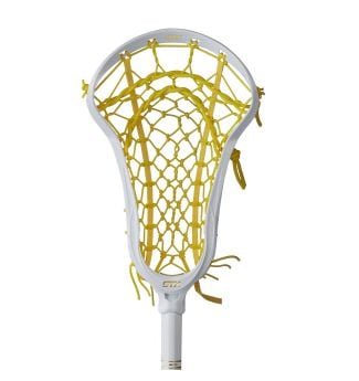 stx aria pro white head only strung with yellow lock pocket front
