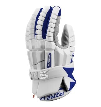 stx rzr 2 lacrosse glove white with royal back angled