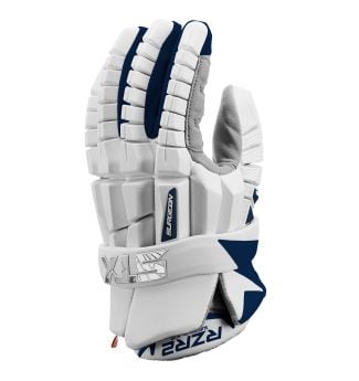 stx rzr 2 lacrosse glove white with navy back angled