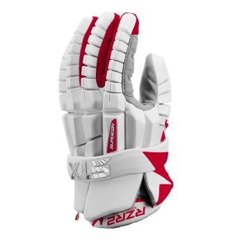 stx rzr 2 lacrosse glove white with red back angled